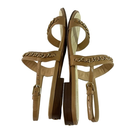 CHANEL Quilted Tan Leather & Gold Chain Strappy Sandals Marked as 37.5 - 7.5US - Picture 10 of 12